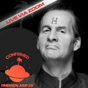 A portrait of Chris Barrie as Rimmer with the caption "LIVE VIA ZOOM"